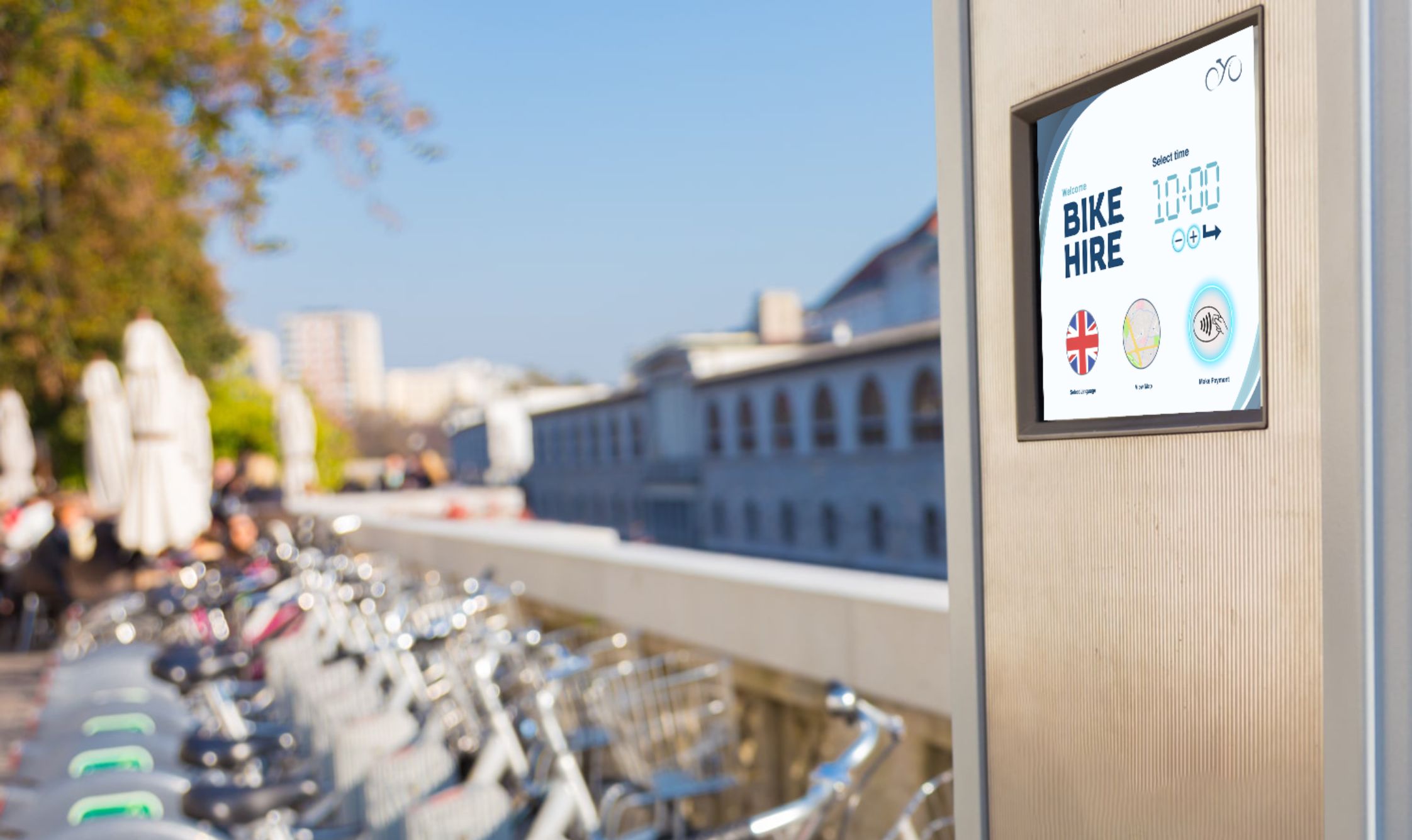 A row of bicycles accessed at a digital point of service
